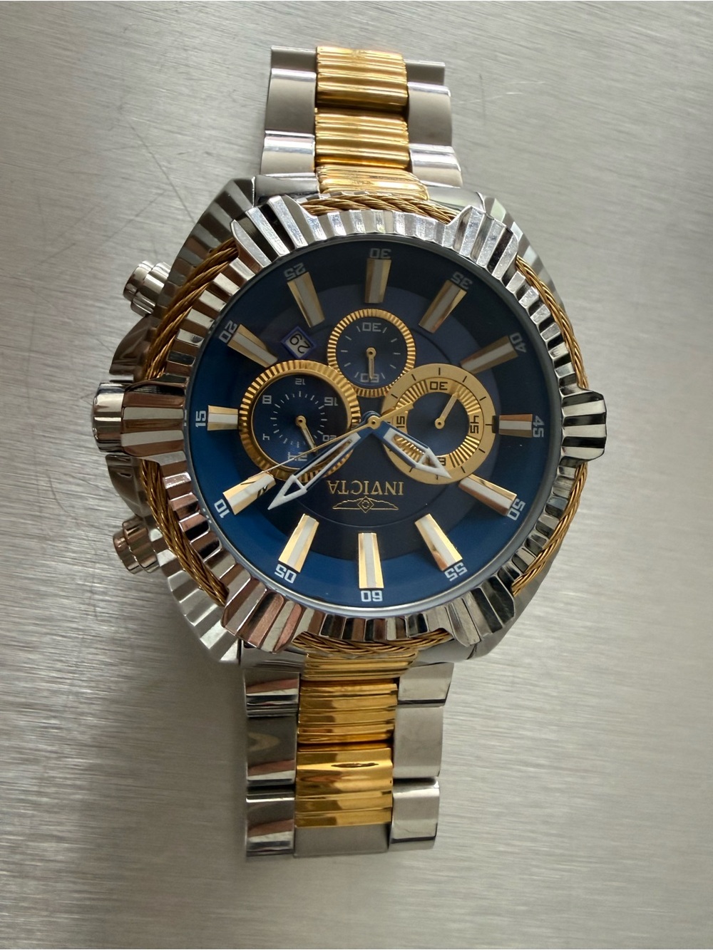 Invicta Two-Tone Gold & Silver Watch with Blue Dial Chronograph